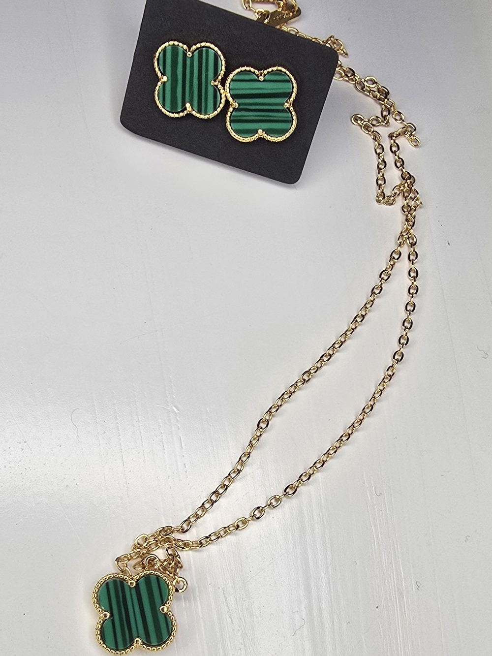 High Quality Stainless Steel Green Malachite Clover Necklace and Earrings Set